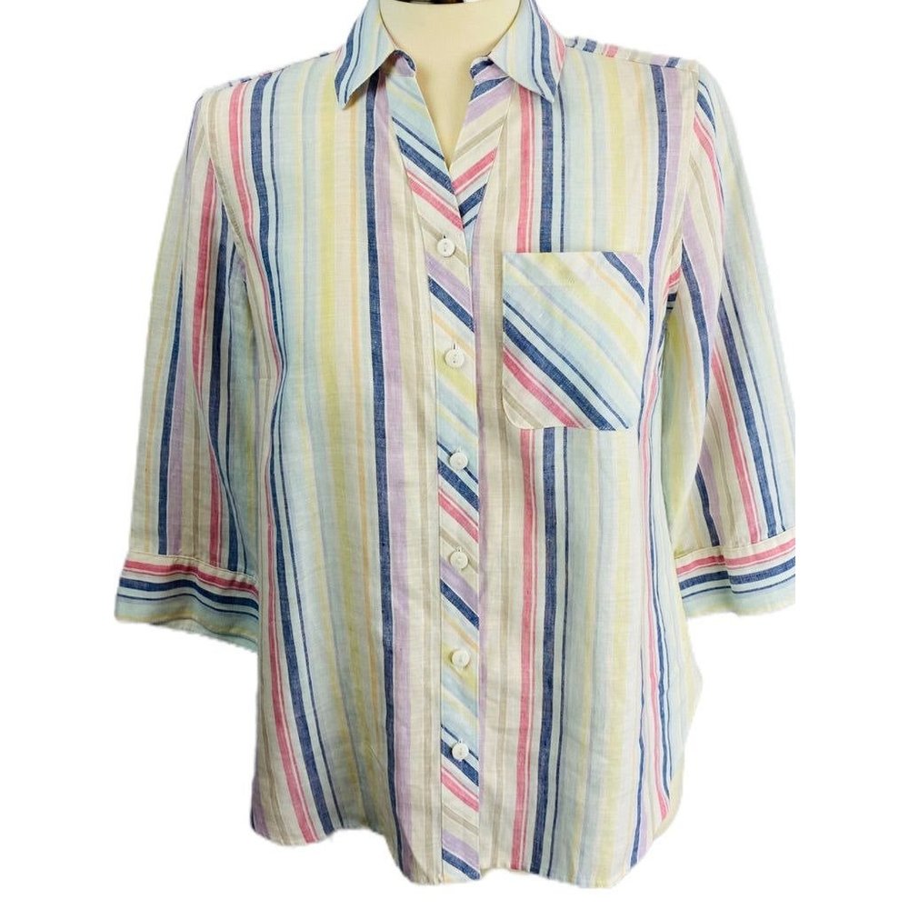 0/2 Petite Chico's Women's Striped Linen Button Up 3/4 Sleeve Shirt Blouse No-Ir